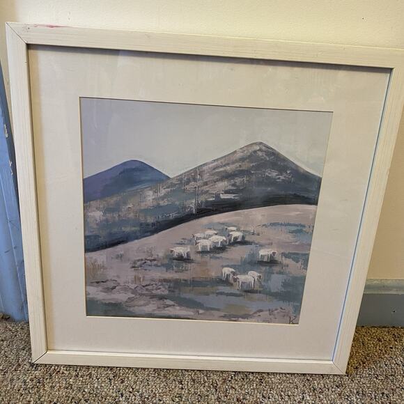 Vintage Abstract Painting ArtPrint Mountain Valley Landscape White Sheep Or Cow - Picture 2 of 6